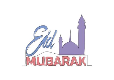 Mutlu Kurban Bayramı Mübarek ve Ramazan Kareem konseptinin aralıksız çizimi. Baskı, tebrik kartı, afiş ve poster için İslam bayramı kaligrafi tasarımı. Bir çizgi çizimi tasarım illüstrasyonu