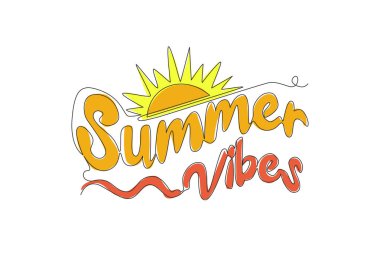 Sevimli motivasyon ve ilham verici tipografi alıntılarından biri Summer Vibes. Baskı, kart, pankart, poster için kaligrafik tasarım. Devamlı çizgi çizimi tasarım vektörü illüstrasyonu