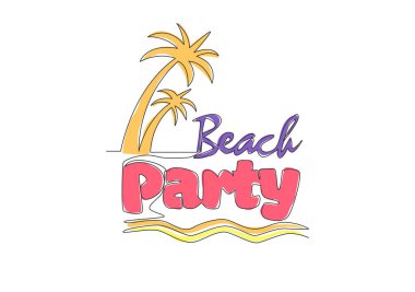 Sevimli ve muhteşem bir bayram tipografisinin aralıksız çizimi, Plaj Partisi. Baskı, kart, pankart, poster için kaligrafik tasarım. Bir çizgi çizimi grafik tasarım vektör çizimi