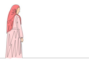 Arka planda başörtüsü olan mutlu ve güzel bir müslüman kızın tek sıra çizimi. Güzel Malay kadın modeli moda tesettür moda bir çizgi tasarım vektör illüstrasyonunu çizer