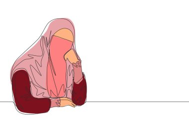 Çarşaf giymiş genç ve güzel Suudi Arabistan Muslimah 'ının aralıksız çizimi ve ciddi ciddi düşünceli. Geleneksel Müslüman kadın niqab ve tesettür kavramı bir satır çizim tasarım vektörü illüstrasyonu