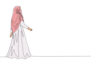 Çarşaf giyip güzel poz veren genç Suudi Arabistan müslümanlarının tek bir çizimi. Geleneksel güzel Arap kadın niqab kumaş konsepti devamlı çizgi çizimi tasarım vektörü illüstrasyonu