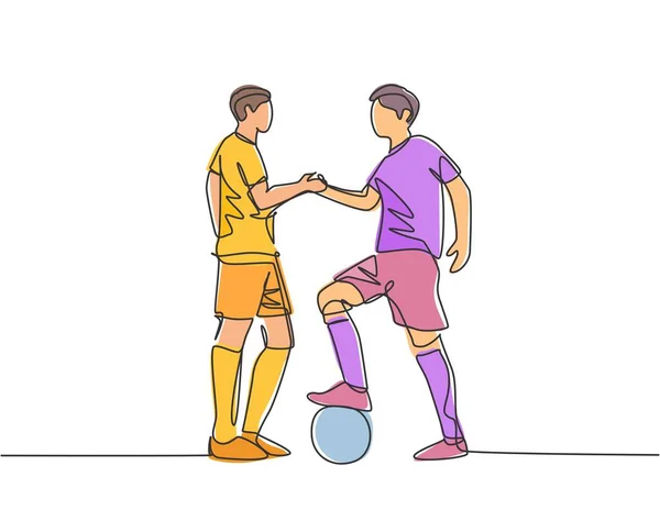 Kontinuierliche Linienziehung Von Zwei Fußballern Und Händeschütteln Sportlichkeit Vor Spielbeginn — Stockvektor