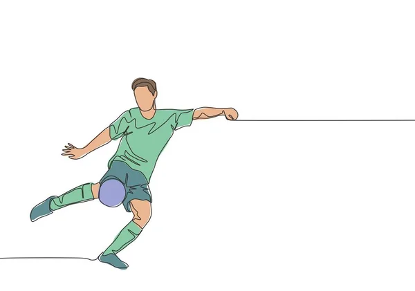 Einzelne Durchgehende Linienzeichnung Eines Jungen Energischen Fußballstürmers Der Zum Ersten — Stockvektor