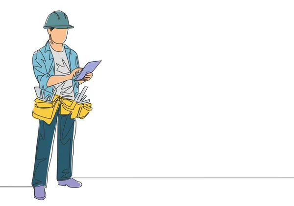 施工现场一名控制工人的年轻建筑工头的连续线路图 杂工房屋翻新服务的概念 单行绘图设计图 — 图库矢量图片