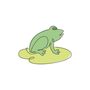 Çocukların eğitim kitabı için bataklık gölünde lotus yaprağının üzerinde mutlu kurbağa çizimleri. Sevimli hayvan ikonu konsepti. Dinamik bir çizgi vektör çizimi grafik tasarım illüstrasyonu