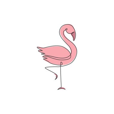 Şirket logosu için egzotik flamingo çizimleri. Flamingo kuş maskotu ürün markası konsepti. Moda sürekli çizgi çizimi tasarım vektörü grafik illüstrasyonu
