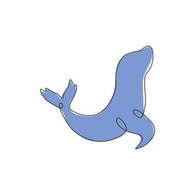 Su sirki için akıllı deniz aslanının sürekli çizdiği tek çizgi logo kimliğini gösteriyor. İstihbarat toplumu logoti için akıllı memeli hayvan maskotu konsepti. Bir çizgi çizimi tasarım vektörü illüstrasyonu