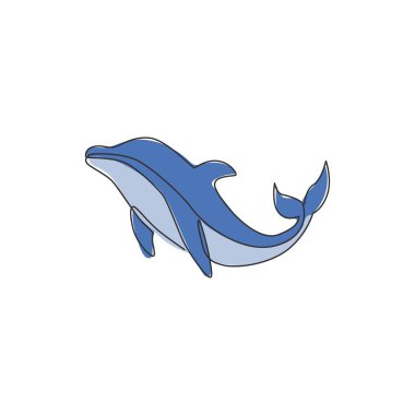 Şirin, güzel bir yunus çizimi şirket logosu kimliği için. Sirk ikonu için komik memeli hayvan maskotu konsepti. Modern sürekli çizgi çizimi vektör grafik tasarımı çizimi