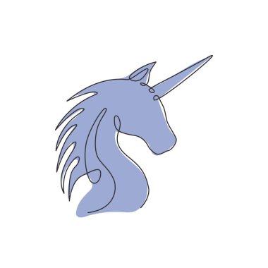 Güzel tek boynuzlu at kafasının kurumsal logo kimliği için aralıksız çizimi. Tekstil moda baskısı için sevimli hayali yaratık konsepti. Moda bir çizgi tasarım illüstrasyonuName