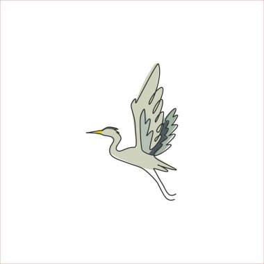 Şirketin logo kimliği için güzel bir uçan balıkçıl çizimi. Ulusal hayvanat bahçesi ikonu için uzun bacaklı tatlı su kuş maskotu konsepti. Modern sürekli çizgi çizimi tasarım vektörü illüstrasyonu