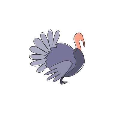 Kümes hayvanı logosu için tek sıra büyük hindi çizimi. Çiftçilik ikonu için Fowl kuş maskotu kavramı. Modern sürekli çizgi çizimi tasarım vektör çizimi grafiği
