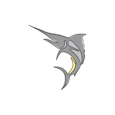 Taze et şirketi logosu için dev kılıçbalığının tek bir çizimi. Deniz ürünleri ikonu için zıplayan kılıçbalığı maskotu konsepti. Aralıksız çizgi çizimi grafik tasarım vektörü çizimi