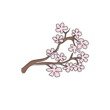 Bahçe logosu için taze kiraz çiçeği çizen aralıksız bir çizgi. Ev dekorasyonu için basılabilir dekoratif sakura çiçeği poster baskısı. Modern tek çizgi çizimi tasarım vektör çizimi