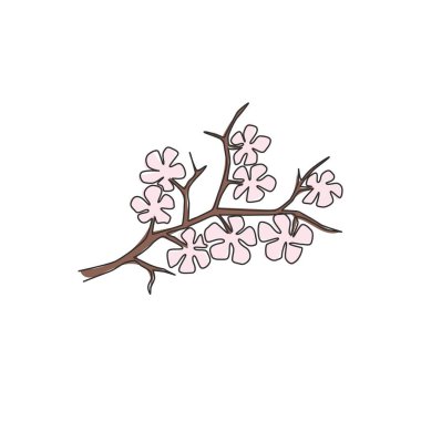 Güzel, taze kiraz çiçeğinin aralıksız tek çizgi çizimi. Ev dekorasyonu, duvar resimleri için. Kamu parkı için basılabilir dekoratif sakura çiçeği. Modern bir çizgi çizimi tasarım vektörü çizimi