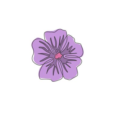 Bahçe logosu için taze mor mallow çizen tek bir çizgi. Ev dekorasyonu için basılabilir dekoratif Malva Sylvestris çiçeği. Modern sürekli çizgi çizimi tasarım vektörü illüstrasyonu