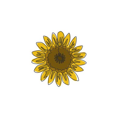 Bahçe logosu için tek bir güzellik çizimi. Basılabilir dekoratif helianthus yaz çiçeği konsepti duvar dekorasyonu posteri. Modern sürekli çizgi çizimi tasarım vektörü illüstrasyonu