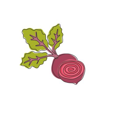 Tek bir çizgi, çiftlik logosu kimliği için dilimlenmiş organik pancar kökü çiziyor. Taze pancar konsepti sebze ikonu. Modern sürekli çizgi çizimi tasarım grafik vektör çizimi