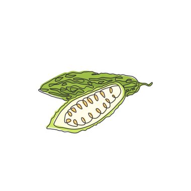 Bir bütün halinde tek bir çizgi çizimi ve bahçe logosu kimliği için sağlıklı organik acı kabak. Vejetaryen ikonu için taze Endonezya pare konsepti. Modern bir çizgi çizimi tasarım vektörü çizimi