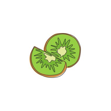 Tek bir çizgi meyve bahçesi logosu kimliği için dilimlenmiş organik kivi çiziyor. Meyve bahçesi ikonu için taze kıllı meyve konsepti. Modern sürekli çizgi çizimi tasarım vektörü grafik çizimi