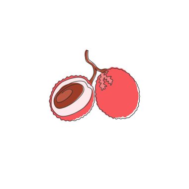 Meyve bahçesi logosu kimliği için sağlıklı organik lychee grubunun sürekli çizimi. Meyve bahçesi ikonu için taze tropikal meyve konsepti. Modern tek çizgi çizimi tasarım vektör çizimi