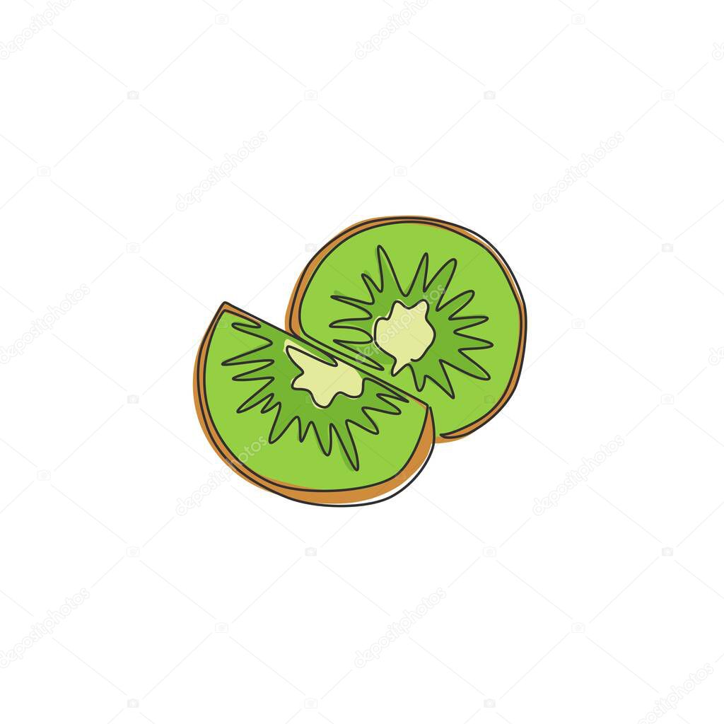 One single line drawing half sliced healthy organic kiwi for orchard logo identity. Fresh hairy fruitage concept for fruit garden icon. Modern continuous line draw design vector graphic illustration