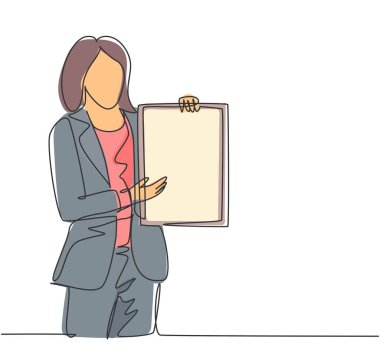 Genç bayan sunucunun ofiste buluşurken tablet kullanarak yeni ürün tanıtımını yaptığı tek sıra çizimi. Çalışma sunumu konsepti bir satır çizim vektör çizimi illüstrasyonu