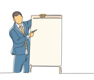 Satış ekibine satış ürünlerini artırmak için genç işletme koçunun sürekli çizdiği tek çizgi. İş koçluğu konsepti. Moda bir çizgi tasarım vektörü grafik çizimi