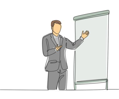 Sunucunun sürekli çizdiği tek çizgi ofisteki meslektaşlarına ürün teknolojisi yeniliği sunar. Çalışma stratejik planlama sunum konsepti bir çizgi çizim vektör çizimi illüstrasyonu