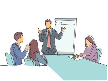 One single line drawing of young businessman giving business coaching to class members at the office. Group training and meeting concept continuous line draw design vector illustration graphic clipart