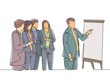 Üst düzey yöneticinin pazarlama personeline sunum ve talimat verirken çizdiği tek çizgi. İş toplantısı konsepti bir satır tasarım vektörü grafik illüstrasyonu