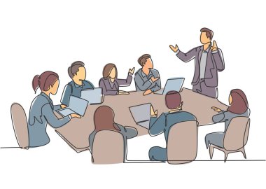 Genç ve mutlu eğitmenin sınıf üyelerine hayat memat dersi verdiği tek sıra çizimi. İş eğitimi ve sunum konsepti. Modern bir çizgi çizimi tasarım vektör çizimi grafiği