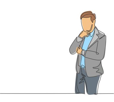 Kafası karışmış genç iş adamının durmaksızın çizdiği çizgiler ve iş başarısızlığı için düşünme çözümü. Parlak konsept tek çizgi çizim grafik çizimi