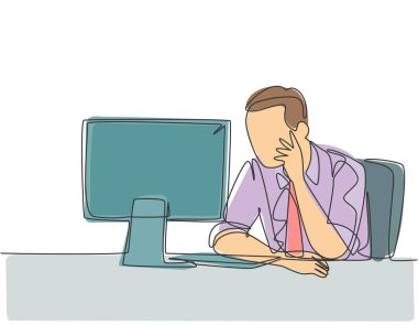 Dizüstü bilgisayarının önünde oturan ve şirketi büyütmek için strateji düşünen genç bir işletmeci çizimi. Şirket büyüme kavramı tek çizgi tasarım illüstrasyonuName