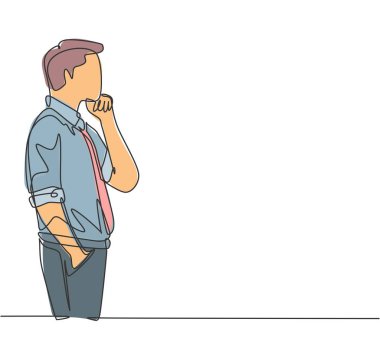 Ofis binasının penceresinden dışarı bakan genç erkek işçinin tek bir çizimi. Şirketin büyüme kavramına odaklan sürekli çizgi çizimi tasarım vektörü grafik çizimi