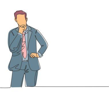 Genç girişimci kurucusunun tek bir çizgisi ofis toplantısı için iş stratejisi üzerinde duruyor ve düşünüyor. İş fikirleri kavramı sürekli çizgi çizimi grafik tasarım vektörü çizimi