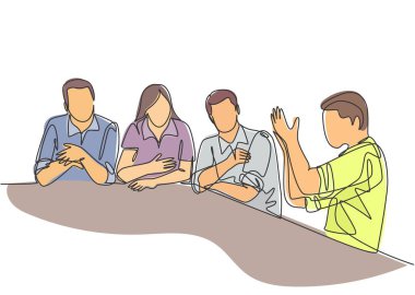 Genç erkek ve kadın işçilerin tek bir çizimi şirket toplantısında proje hakkında tartışır. İş konuşması ve tartışma konsepti. Modern sürekli çizgi çizimi tasarım vektörü grafik çizimi