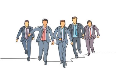 Bitiş çizgisine ulaşmak için koşu pistinde koşan takım elbiseli erkek yöneticilerin sürekli çizdiği bir çizgi. Business Sprint yarış konsepti tek çizgi çizim vektör çizimi illüstrasyonu