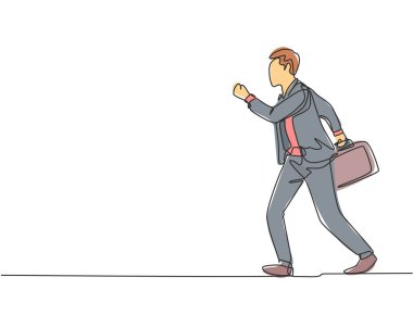 Şehre zamanında varmak için aceleyle koşan genç ve mutlu şehirli bir erkeğin tek sıra çizimi. Banliyö işçisi konsepti bir satır çizim vektör illüstrasyonu