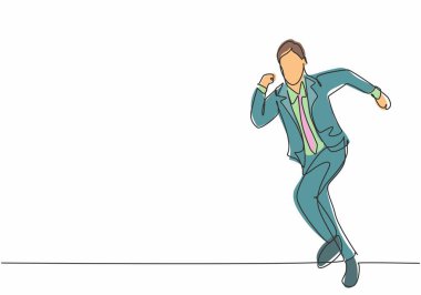 Genç mutlu iş adamının atletik yarış şeridinde hızlı koşarkenki tek çizgisi. İş yarış konsepti bir satır tasarım vektörü grafik çizimi