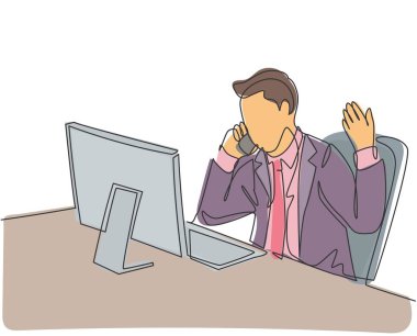 Genç bir erkek çalışanın sürekli çizdiği bir çizim müdürü tarafından arandı ve satışların neden düştüğünü açıklamamı istedi. Satışlar problem kavramını azaltır tek çizgi çizim grafik çizimi illüstrasyonuName