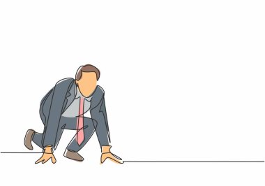 Genç mutlu iş adamının tek sıra çizimi koşu parkurunda koşmaya hazır olsun, önden. İş Yarışı Konsepti Bir çizgi tasarım vektörü illüstrasyonu