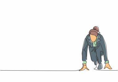 Genç mutlu iş kadınının sürekli çizdiği tek bir çizgi koşu parkurunda koşmaya hazırlanıyor. İş yarış konsepti tek çizgi tasarım vektörü illüstrasyonu