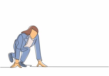 Genç mutlu iş kadınının tek sıra çizimi. Koşu parkurunda koşmaya hazır olun. Yan taraftan. İş Yarışı Konsepti Bir çizgi tasarım vektörü illüstrasyonu