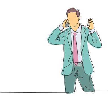 Şirketin yıllık raporunu tamamlamak için akıllı telefondan çalışanlarını arayan sürekli bir çizim. İş görüşmesi konsepti. Tek çizgi çizimi tasarım grafik vektör çizimi