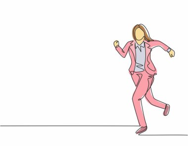 Şehre zamanında varmak için şehir yolunda koşuşturan tek sıra genç kadın şehir işçisi çizimi. Çalışanların acele konsepti bir satır tasarım vektör çizimi çizimi