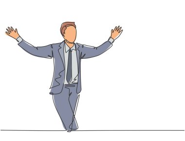 Genç ve mutlu erkek müdürün bitiş çizgisini geçtikten sonra koşup ellerini açtığı tek çizgi. İş Yarışı Konsepti Bir çizgi tasarım vektörü illüstrasyonu