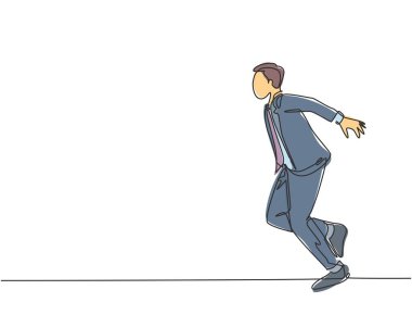 Genç mutlu iş adamının tek bir çizgisi bitiş çizgisini geçtikten sonra ellerini yana doğru açıyor. İş yarış konsepti bir satır tasarım vektörü illüstrasyonu