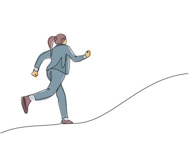 Genç ve enerjik bir iş kadınının, bitiş çizgisine ulaşmak için koşuşturma egzersizi yaptığı sürekli bir çizim. İş yarış konsepti tek çizgi tasarım vektörü illüstrasyonu