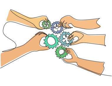 El hareketlerinin sürekli çizildiği tek çizgi takım üyeleri takım çalışması sembolü olarak vites dişlilerini birleştiriyor. Birlik birlikte çalışıyor konsept bir çizgi grafik çizim vektör çizimi illüstrasyonu